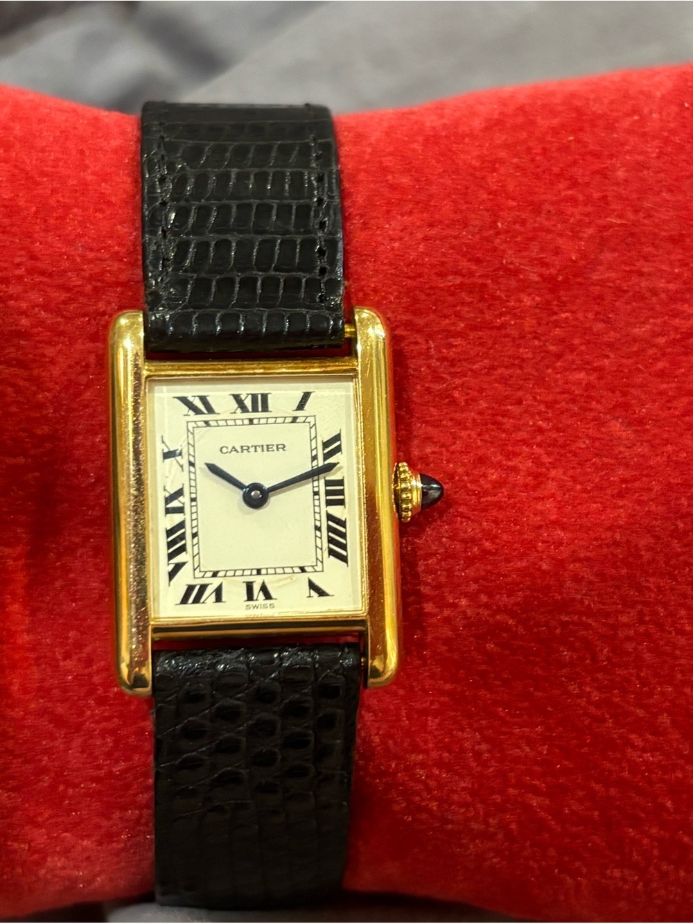 Cartier Gold Rectangular Watch with Black Strap